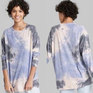 Wild Fable Womens Blue Tie Dye Long Sleeve Distressed Oversized Shirt Medium